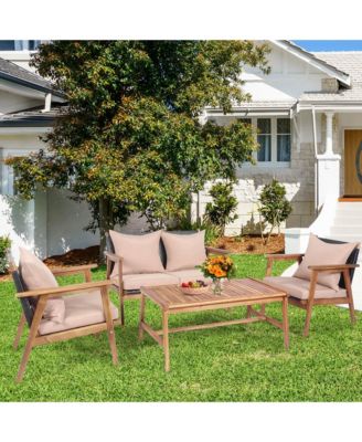 4 Piece Patio Conversation Set Outdoor Furniture Set  w/ Cushions & Wood Frame
