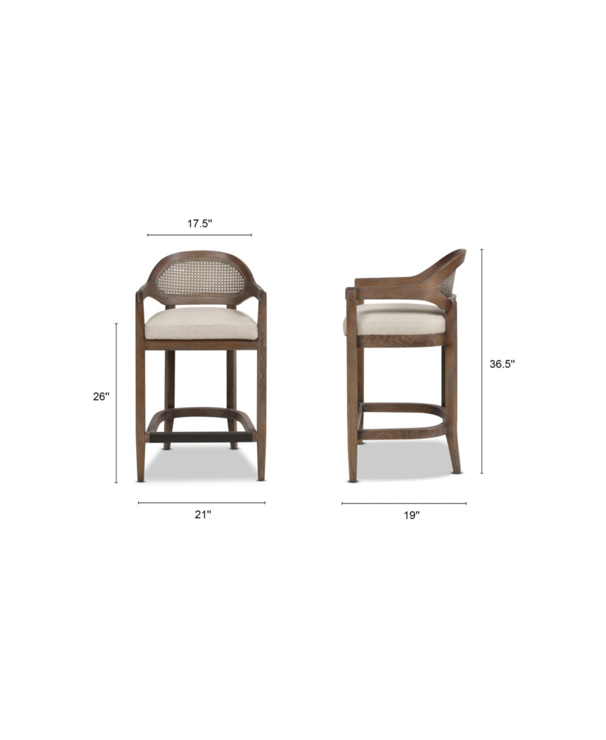 Mid-Century Modern 26" Counter Stool, 1PK Cane Back Bar Chair, Solid Oak Frame for Kitchen Island & Home Bar-The Pop