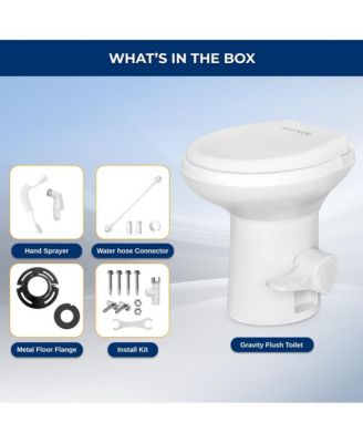 RV Plastic Bowl Gravity Flush Toilet with Hose Connector, Hand Sprayer, and Installation Kits