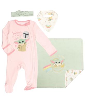 Baby Girls Star Wars Yoda Sleep N' Play Headband Burp Cloth and Blanket 4 Piece Outfit Set