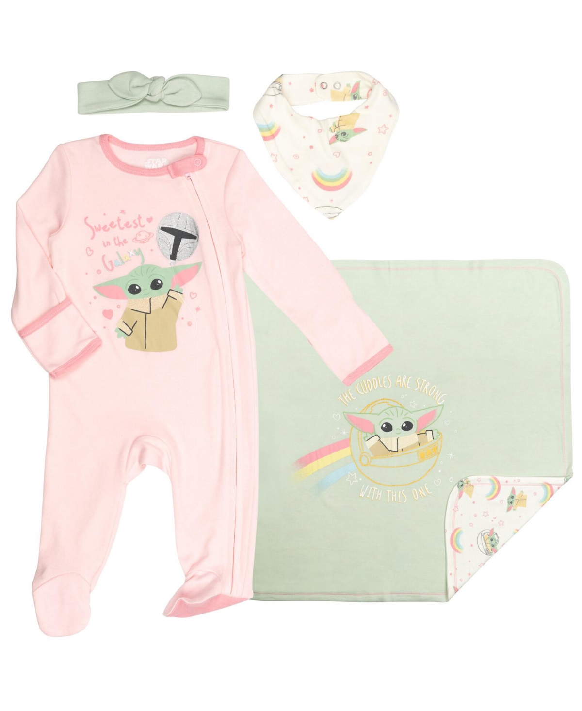 The Mandalorian Baby Girls Star Wars Yoda Sleep N' Play Headband Burp Cloth and Blanket 4 Piece Outfit Set