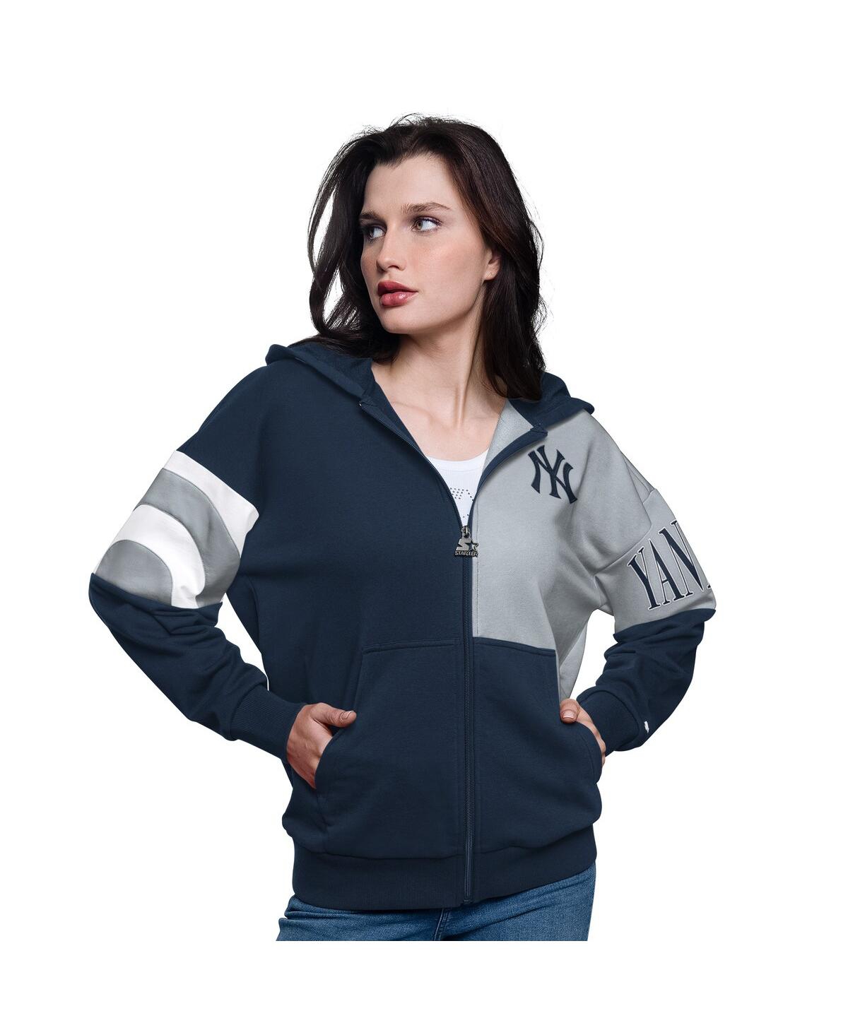 Shop Starter Women's Navy/gray New York Yankees Curve Ball Full Zip Hoodie Sweatshirt In Navy,gray