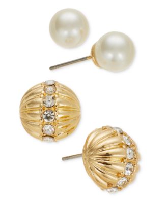 Charter Club - Gold-Tone 2-Pc. Set Pav&eacute; Shell & Imitation Pearl Stud Earrings