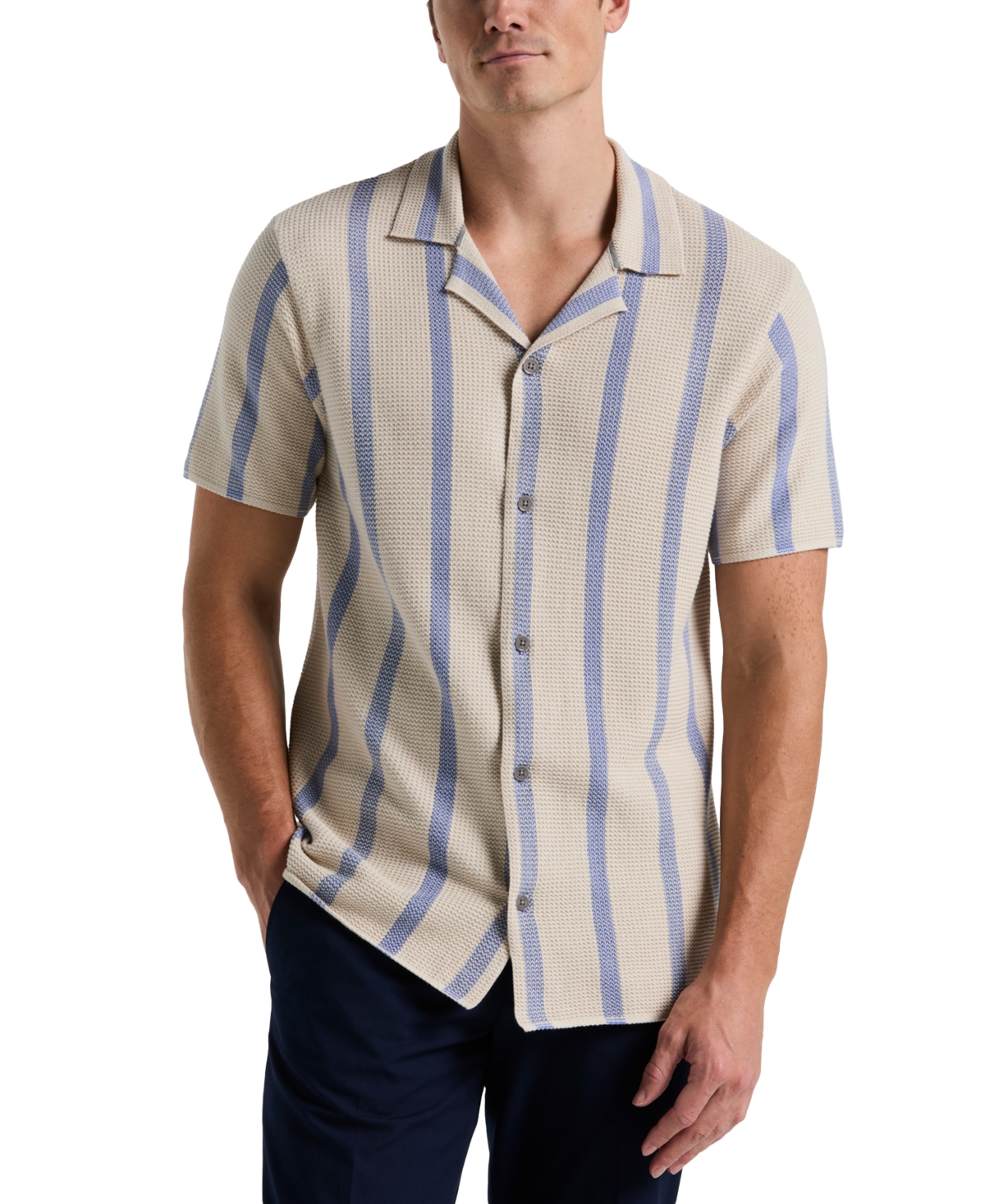 Men's Short Sleeve Button-Front Cotton Open Stitch Striped Sweater - Moonstruck