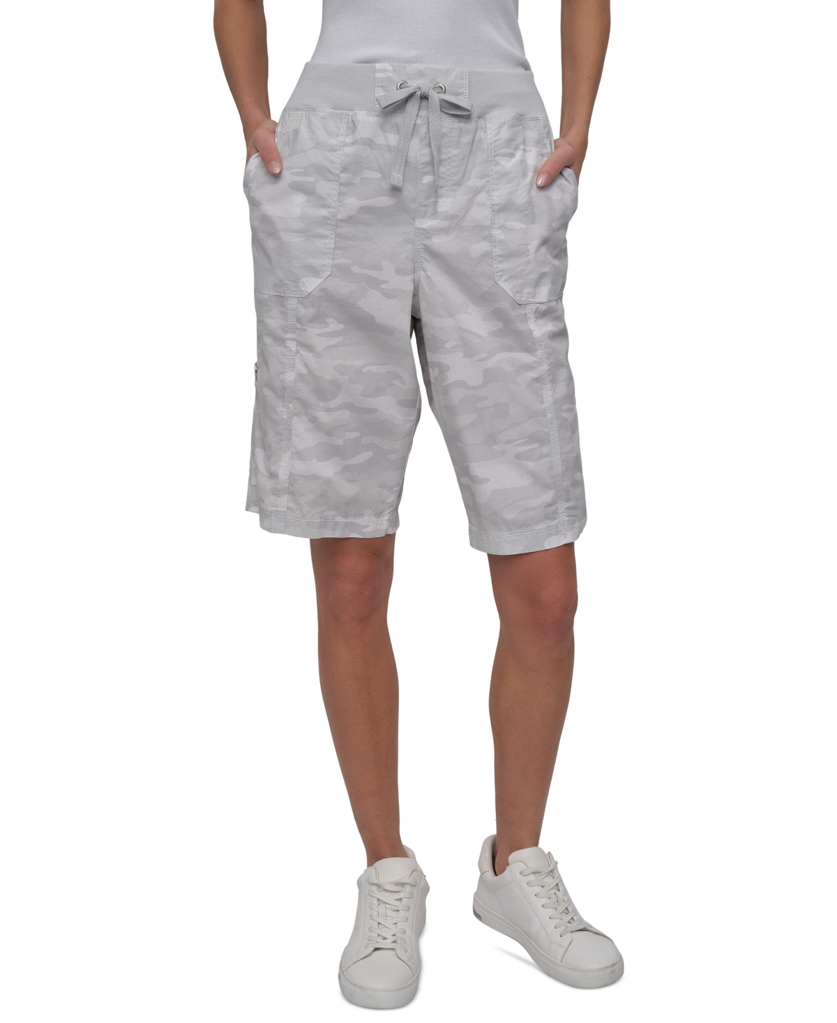Dkny Sport Women's Smocked-waist Convertible Shorts In Camo Vapor Grey