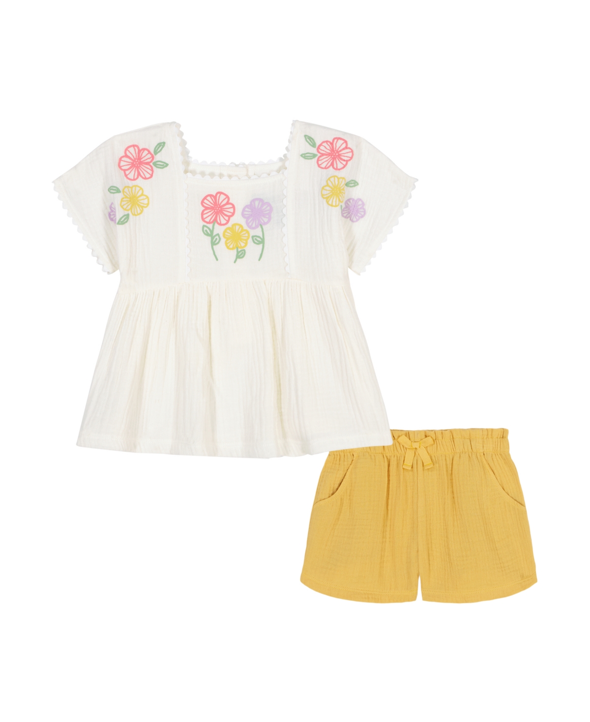 KIDS HEADQUARTERS TODDLER AND LITTLE GIRLS 2-PIECE FLORAL PUFF PRINT TOP AND MUSLIN SHORTS SET 