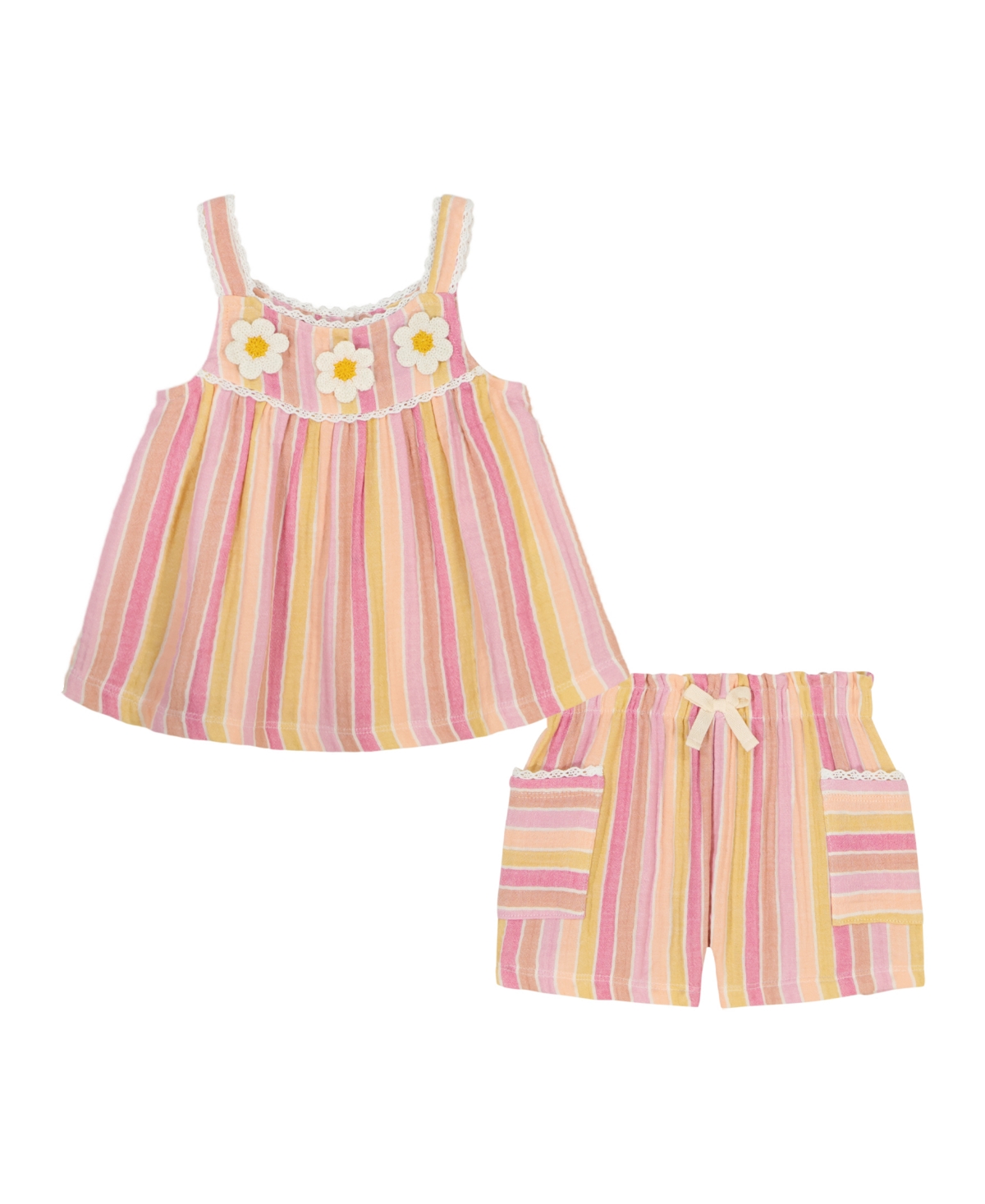 KIDS HEADQUARTERS TODDLER AND LITTLE GIRLS 2-PIECE MULTI STRIPE TOP AND CRINKLE KNIT SHORTS SET 