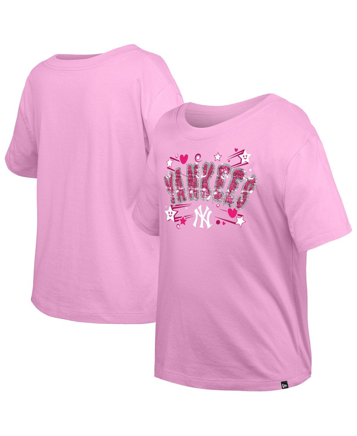 NEW ERA BIG GIRLS LIGHT PINK NEW YORK YANKEES FLIP SEQUIN TEAM T-SHIRT 
