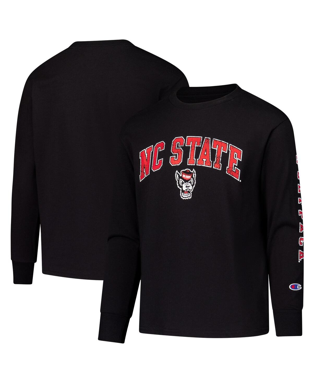 CHAMPION BIG BOYS AND GIRLS BLACK NC STATE WOLFPACK DISTRESSED ARCH OVER LOGO LONG SLEEVE T-SHIRT 