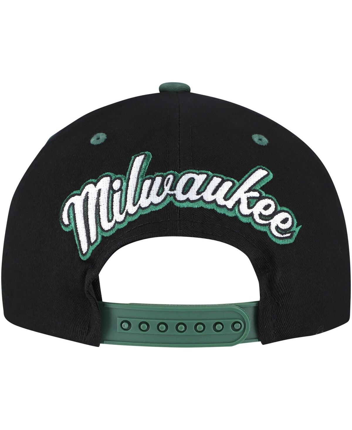 Mitchell & Ness Men's Black/hunter Green Milwaukee Bucks Backside Script Two-tone Pro Crown Adjustable Hat In Black,hunter Green