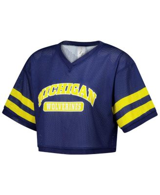 Women's Navy Michigan Wolverines Mesh Cropped V-Neck T-Shirt