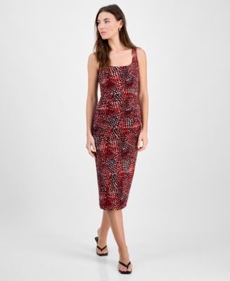 Bar III - Women's Abstract-Print Mesh Ruched Midi Dress