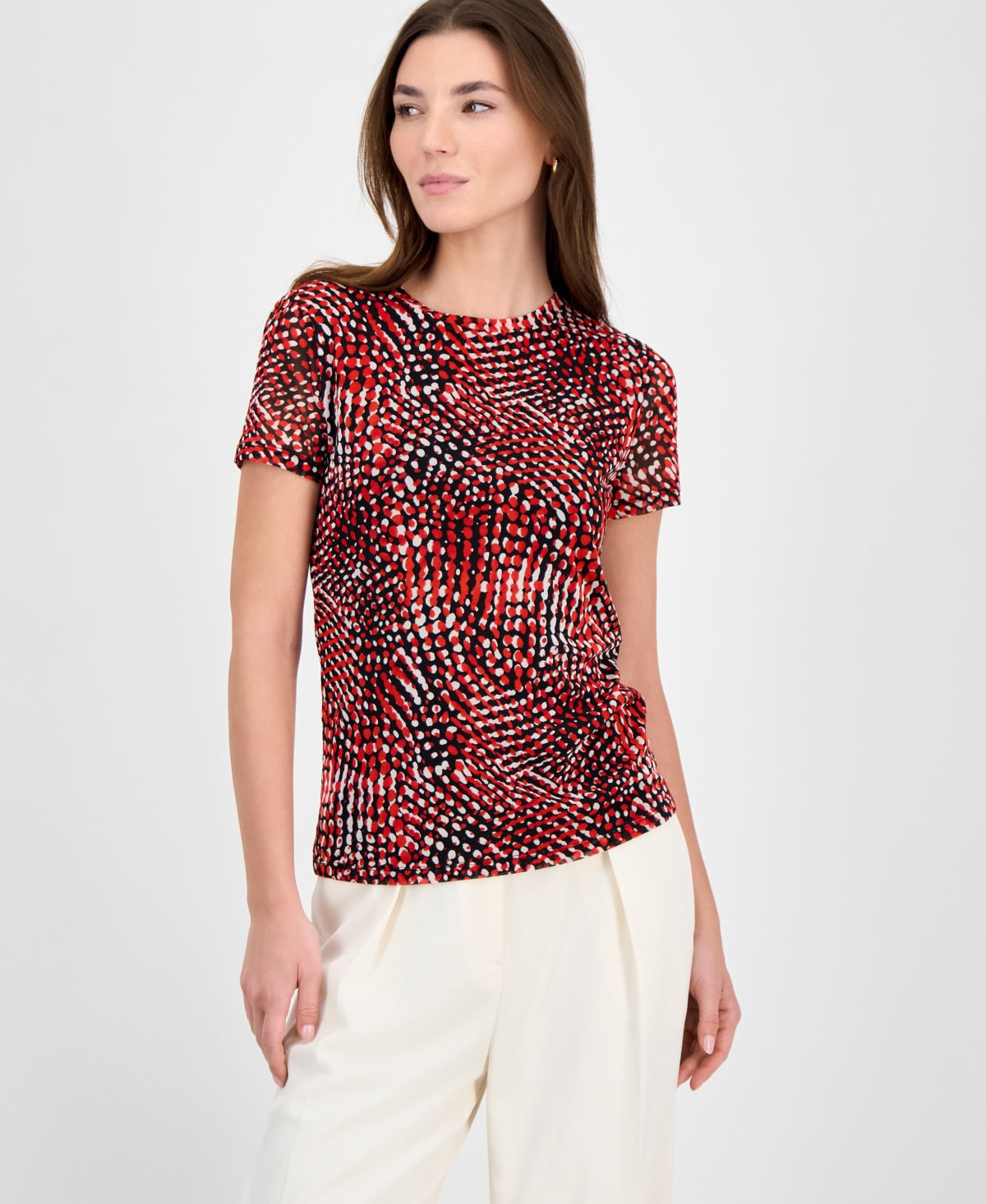 Women's Printed Mesh Crewneck Short-Sleeve Top, Exclusively at Macy's - Bisou Red Multi
