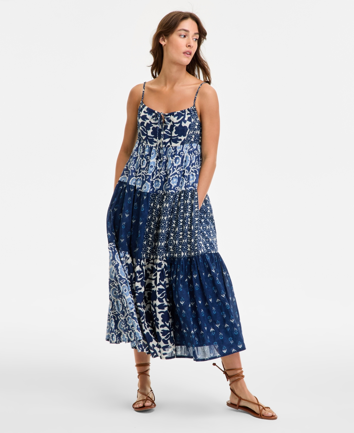 Lucky Brand Women's Patchwork Printed Sleeveless Tiered Midi Dress