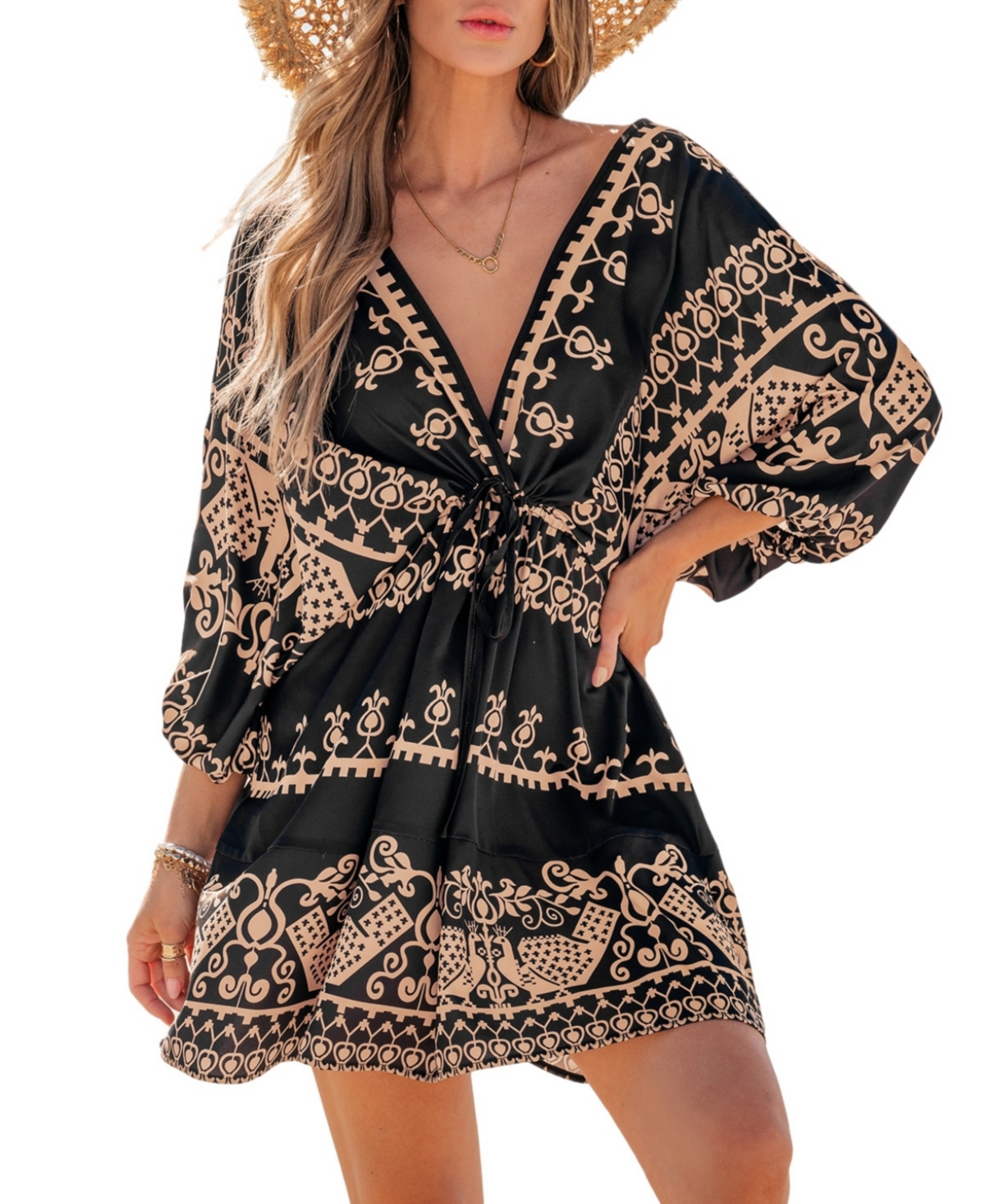 Women's Santorini Breeze Ornate Mini Beach Dress - Black