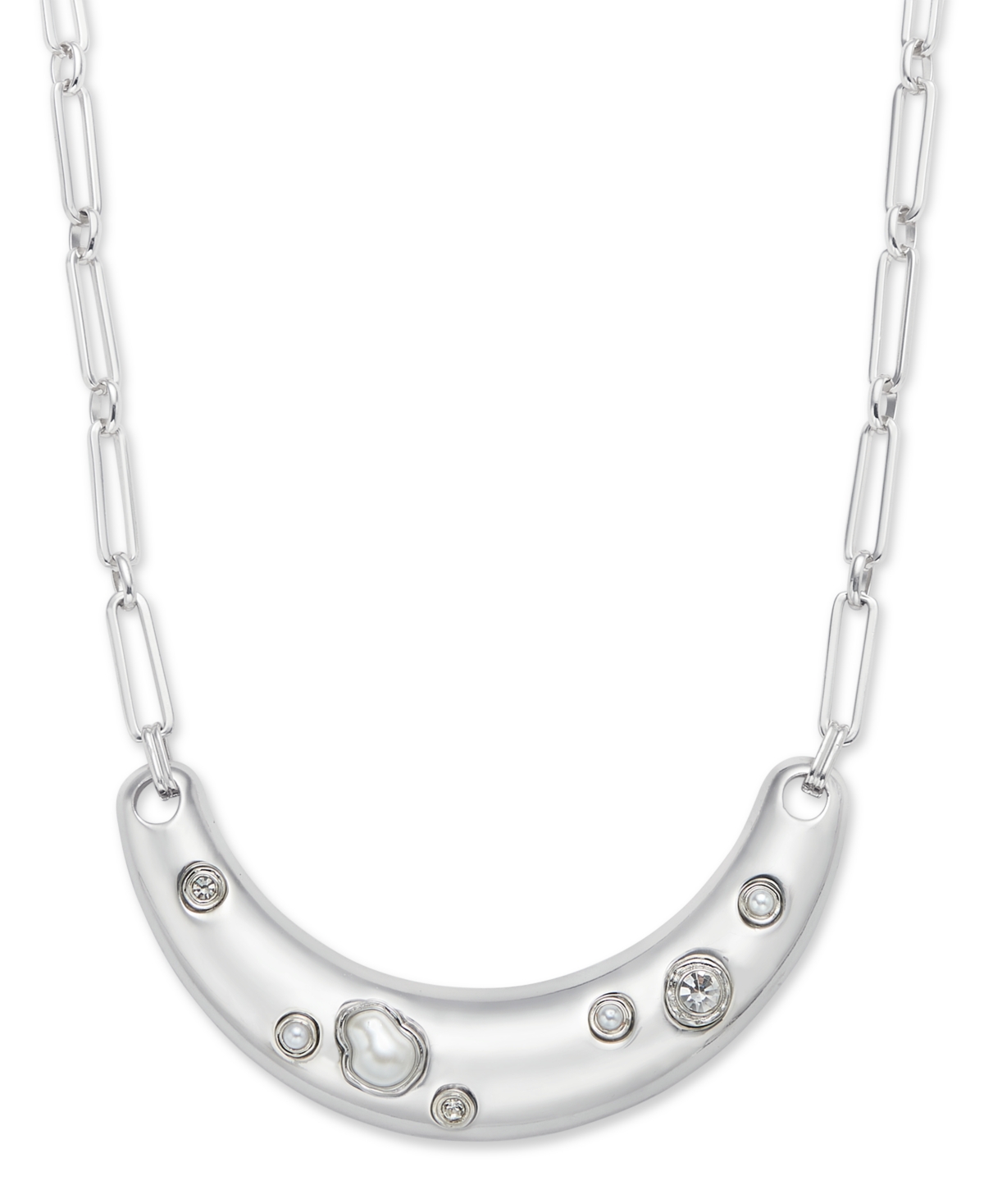 Rhodium-Plated Crystal & Imitation Pearl Curved Bar Statement Necklace, 16-1/2" + 3" extender, Exclusively at Macy's - W