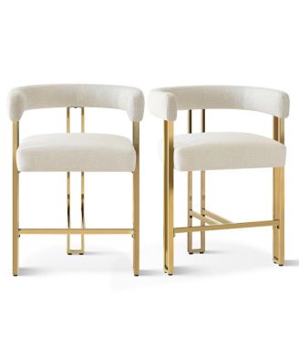 Set of 2 Counter Height Stools, 25" Upholstered Chairs with Gold Metal Legs, Curved Back & Armrests-Maison Boucle