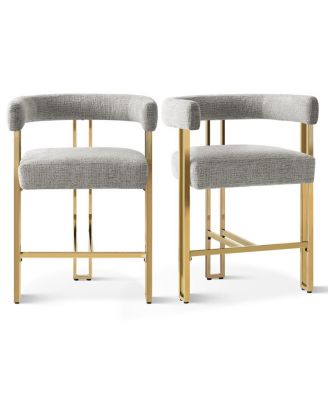 Set of 2 Counter Height Stools, 25" Upholstered Chairs with Gold Metal Legs, Curved Back & Armrests-Maison Boucle