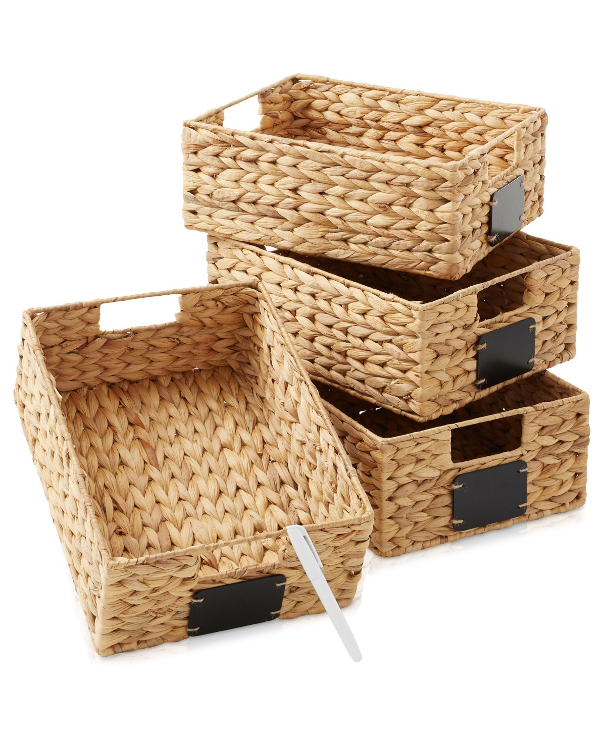 (Set of 4) Water Hyacinth 10&#x22;x13&#x22;x5&#x22; Pantry Baskets w/ Chalkboard Labels and Marker - Natural, Woven Storage Bins for Kitchen