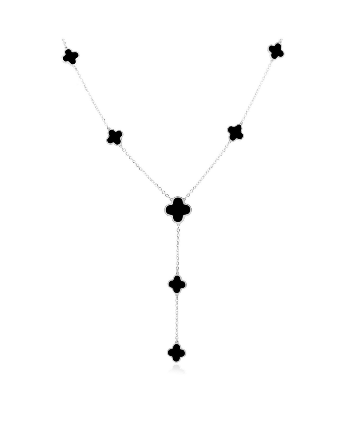 Onyx Clover Station Lariat Necklace 14K White Gold - Onyx