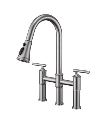 23.6" Bridge Kitchen Faucet with Pull Down Sprayer Bridge Faucet 3 Holes Double Handle Kitchen Faucet Brass Kitchen Faucets