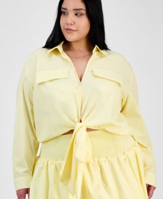 Trendy Plus Size Collared Tie-Hem Shirt & Bubble-Hem Skirt
