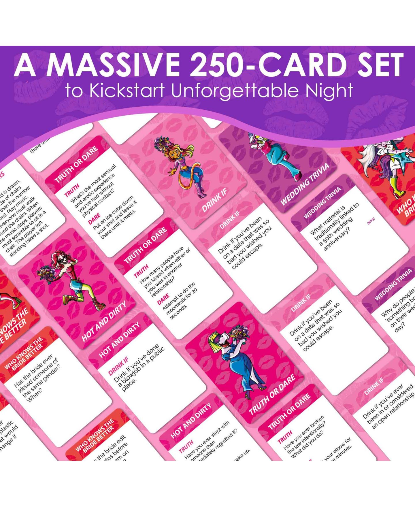 Детская карточная игра Quokka Kiss The Miss 250 Cards Bachelorette Party Card Game, Ages 21+, цвет: Girls Night — фото 5