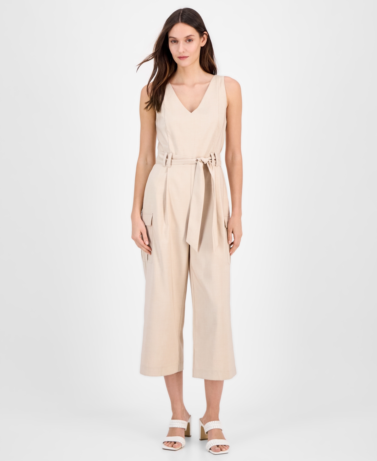 Women's Cropped Tie-Waist Cargo Jumpsuit - Sand