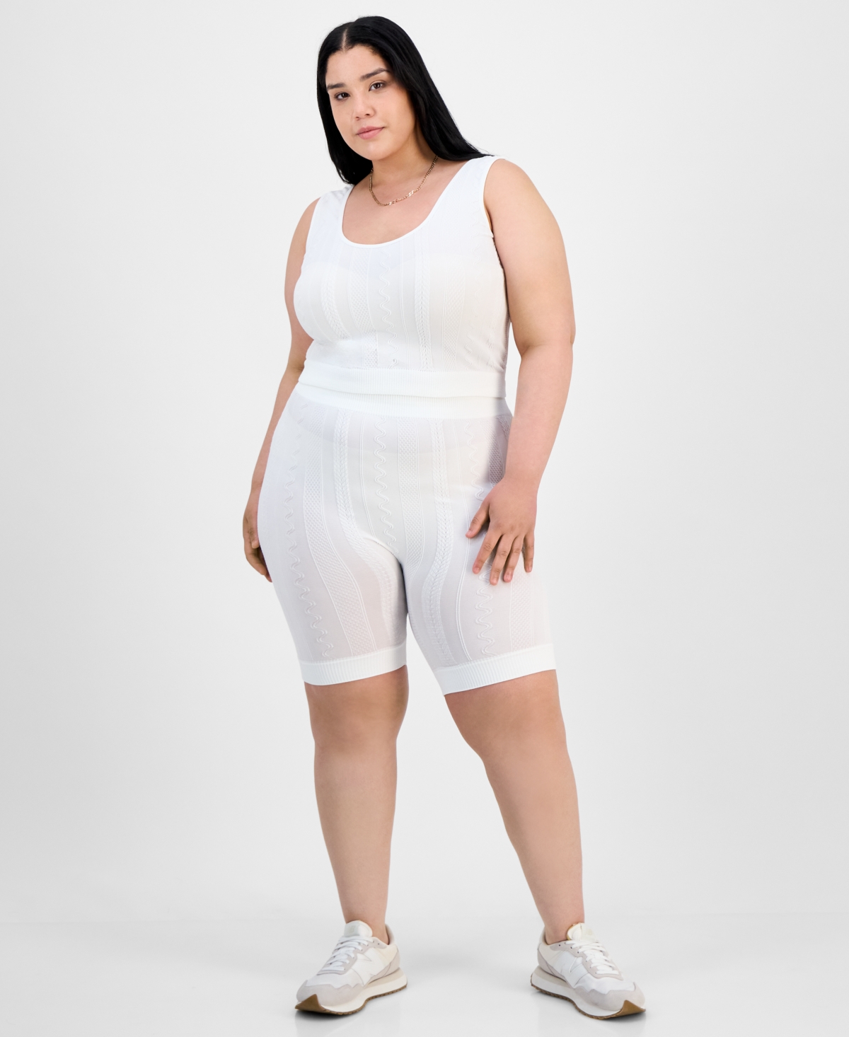 Trendy Plus Size Mixed Stitch Crop Top & Bike Shorts Set - Beetroot Purple