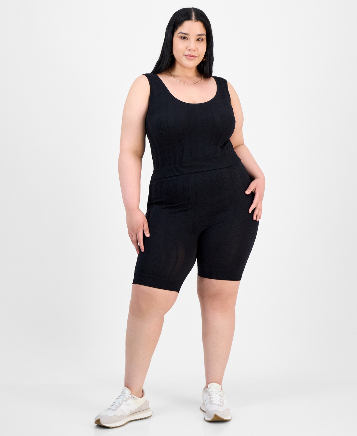 Full Circle Trends Trendy Plus Size Mixed Stitch Crop Top & Bike Shorts Set