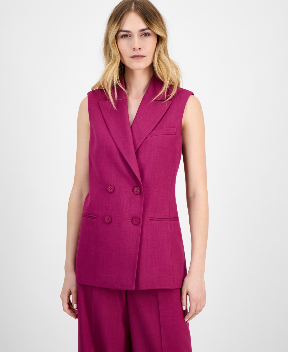 Petite Button-Front Sleeveless Woven Blazer - Wild Berry