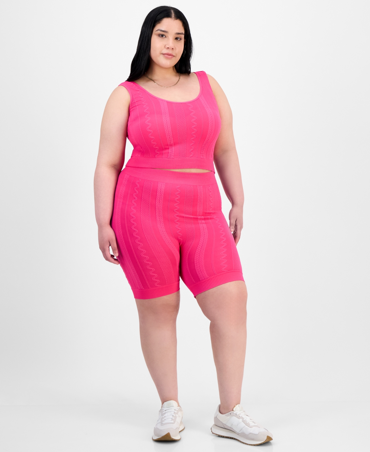 Trendy Plus Size Mixed Stitch Crop Top & Bike Shorts Set - Beetroot Purple