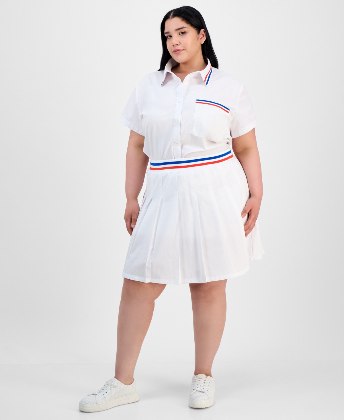 Trendy Plus Size Button-Front Shirt & Pleated Skirt - Bright White