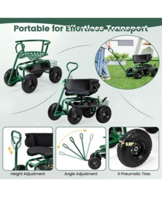 Cushioned Rolling Garden Cart Scooter with Storage Basket and Tool Pouch