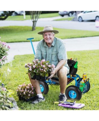 Height Adjustable Swivel Seat and Storage Basket Rolling Garden Cart