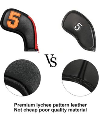 Golf Head Covers for Iron Headcover with Zipper Black Leather 10pcs Set Colorful Number Embroideried PU Leather Waterproof Fit All Brands