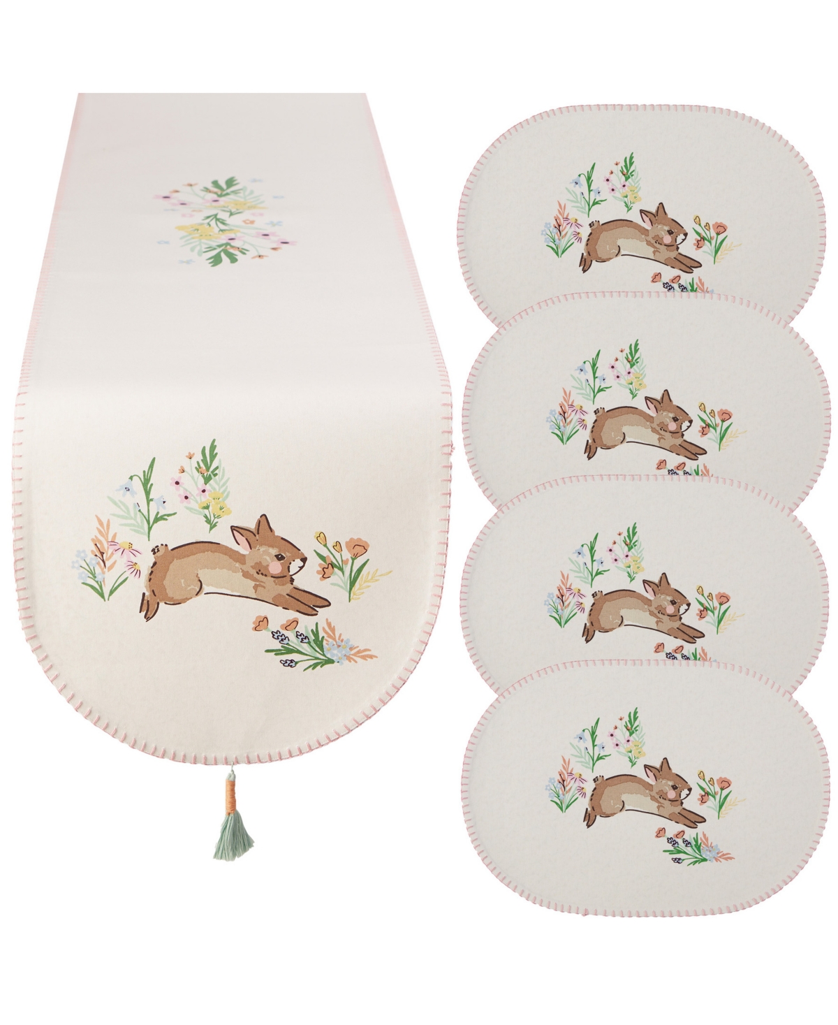 Design Imports Spring Bunny Embellished Cotton Table Runner And Placemats Set In Off White