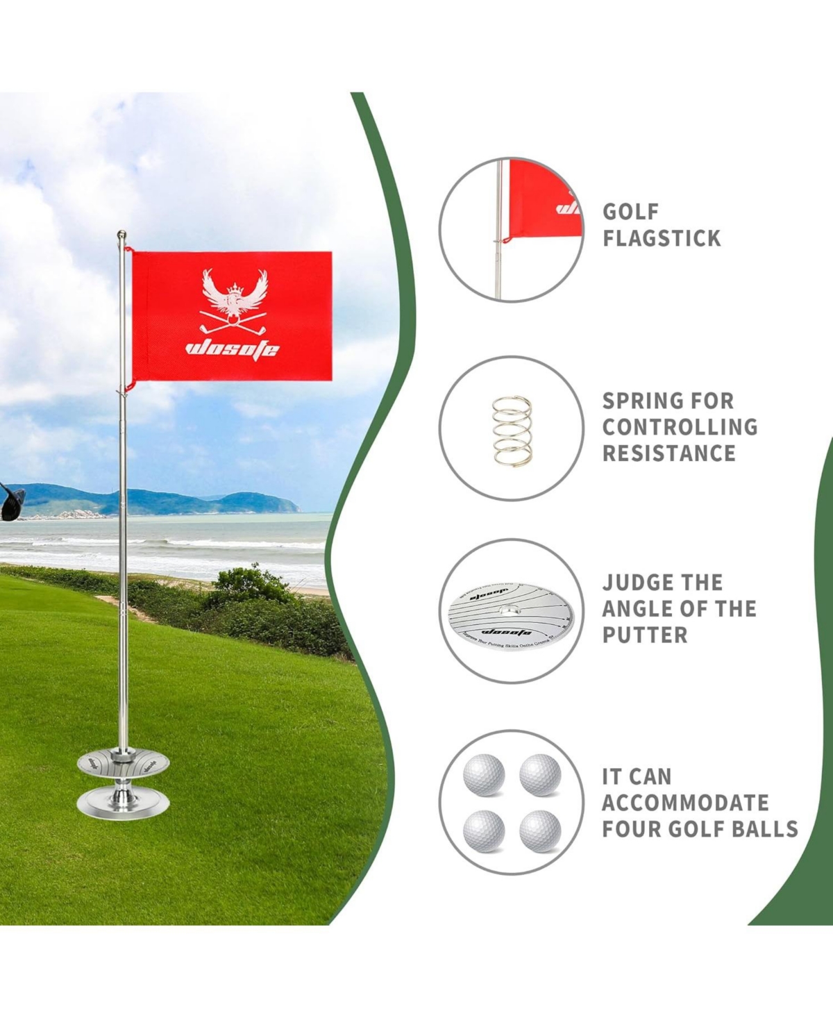 Wosofe Golf Swing Training Practice Aids Putter Green Hole with Flag Putter Hole Cup Golf Training Equipment Indoor and Outdoor Office Backyard Practi