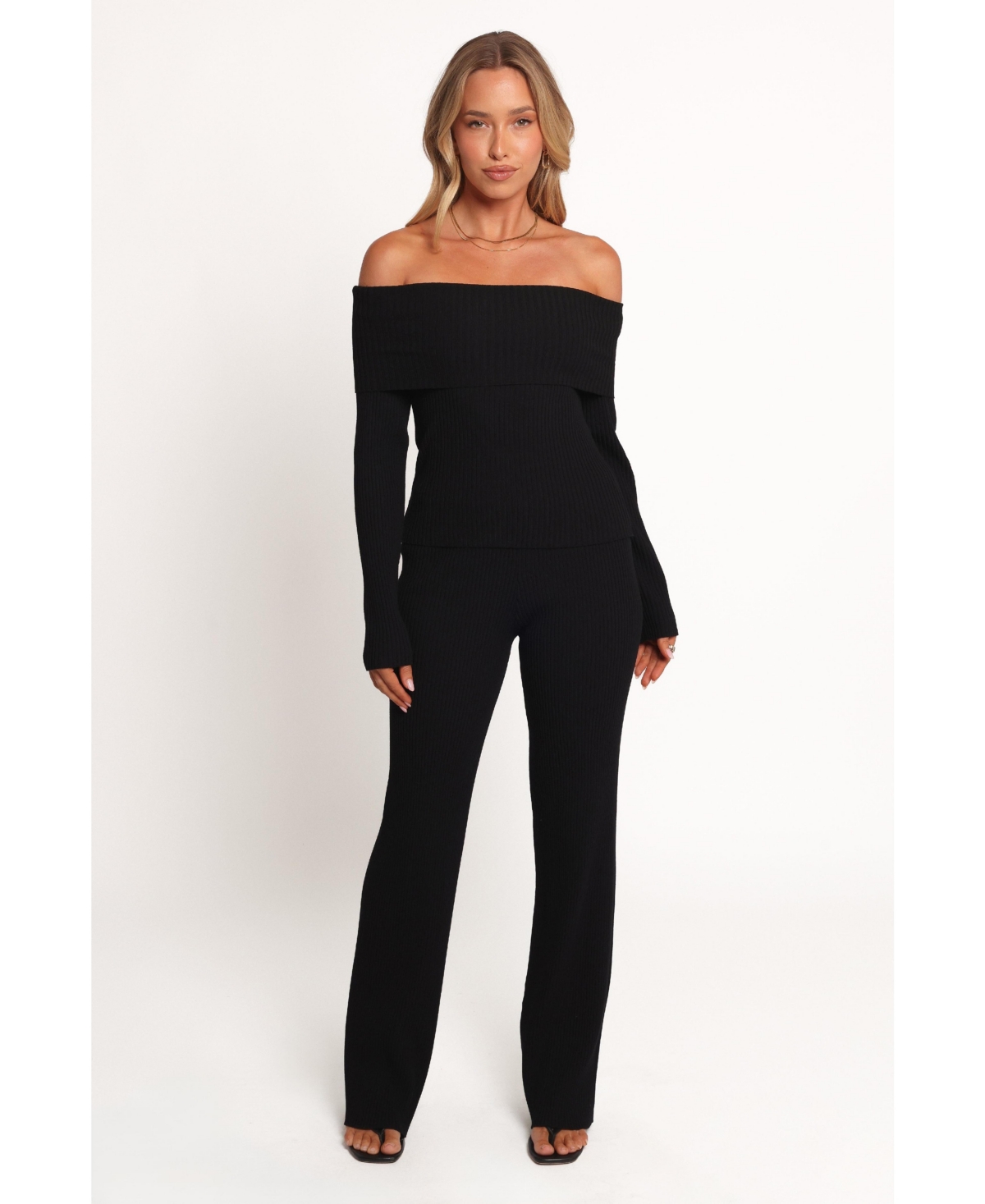 Women's Gindie Ribbed Knit Off The Shoulder Pant Set - Black