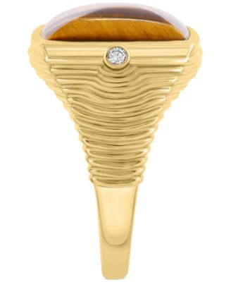 EFFY&reg; Men's Tiger Eye & Diamond Accent Cushion Textured Ring in 14k Gold