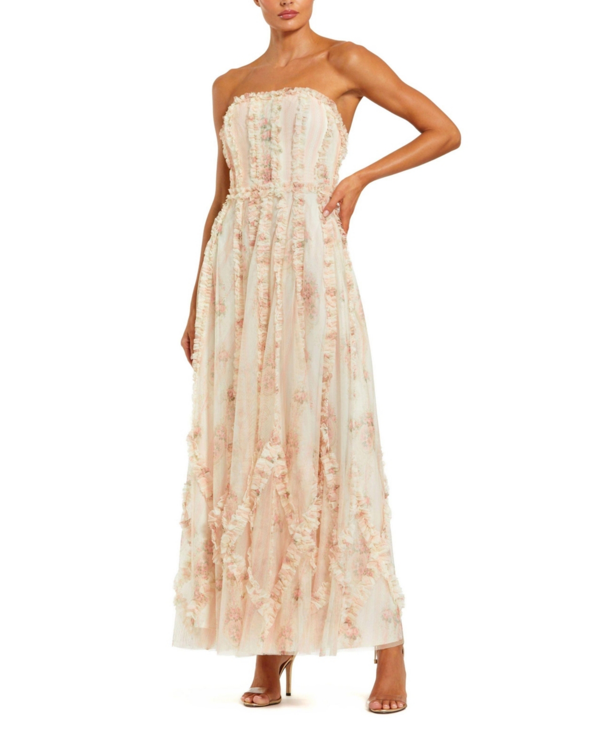 Mac Duggal Women's Mesh Micro Ruffle Strapless Gown