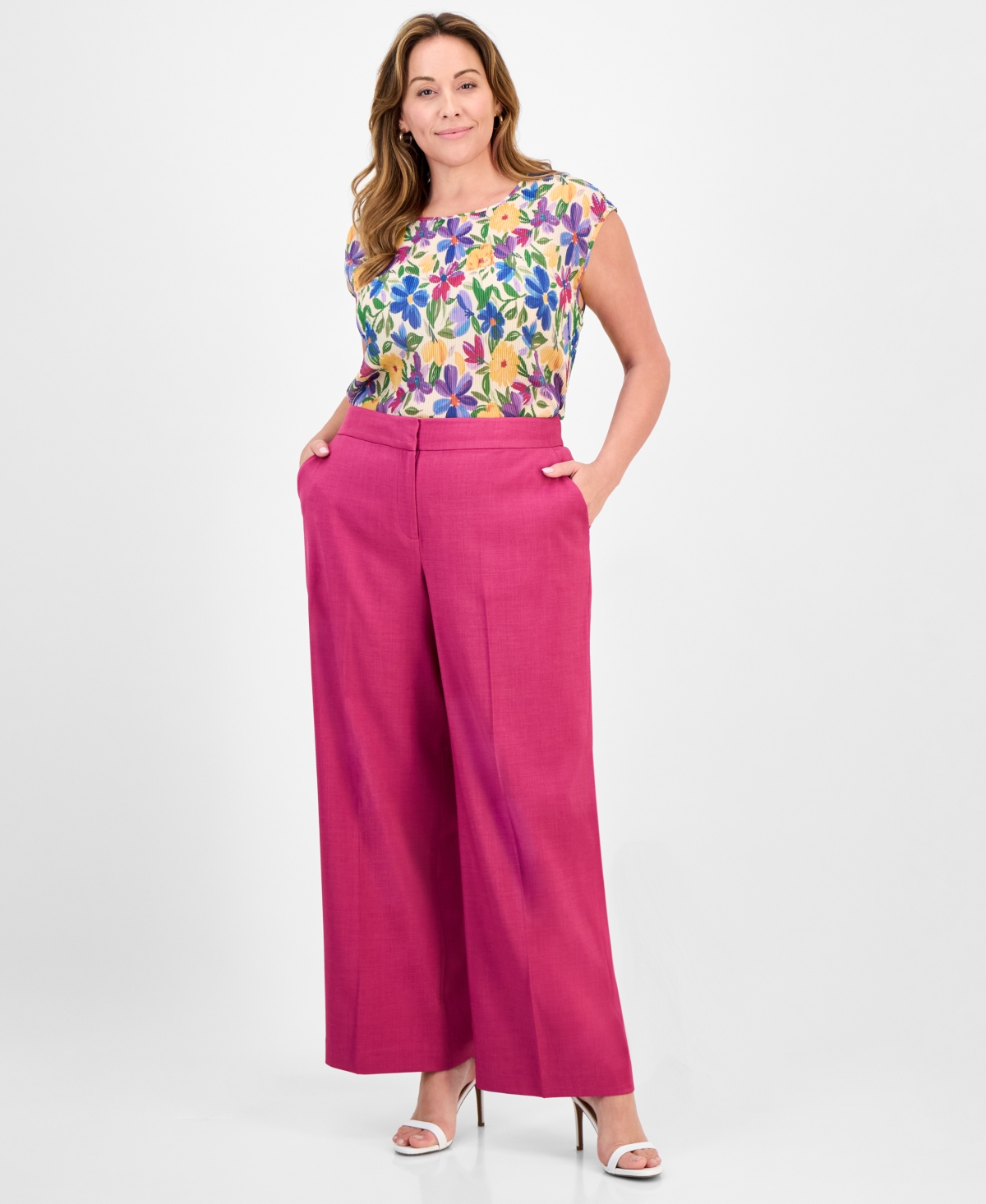 Plus Size Front-Zip Wide-Leg Pants - Wild Berry