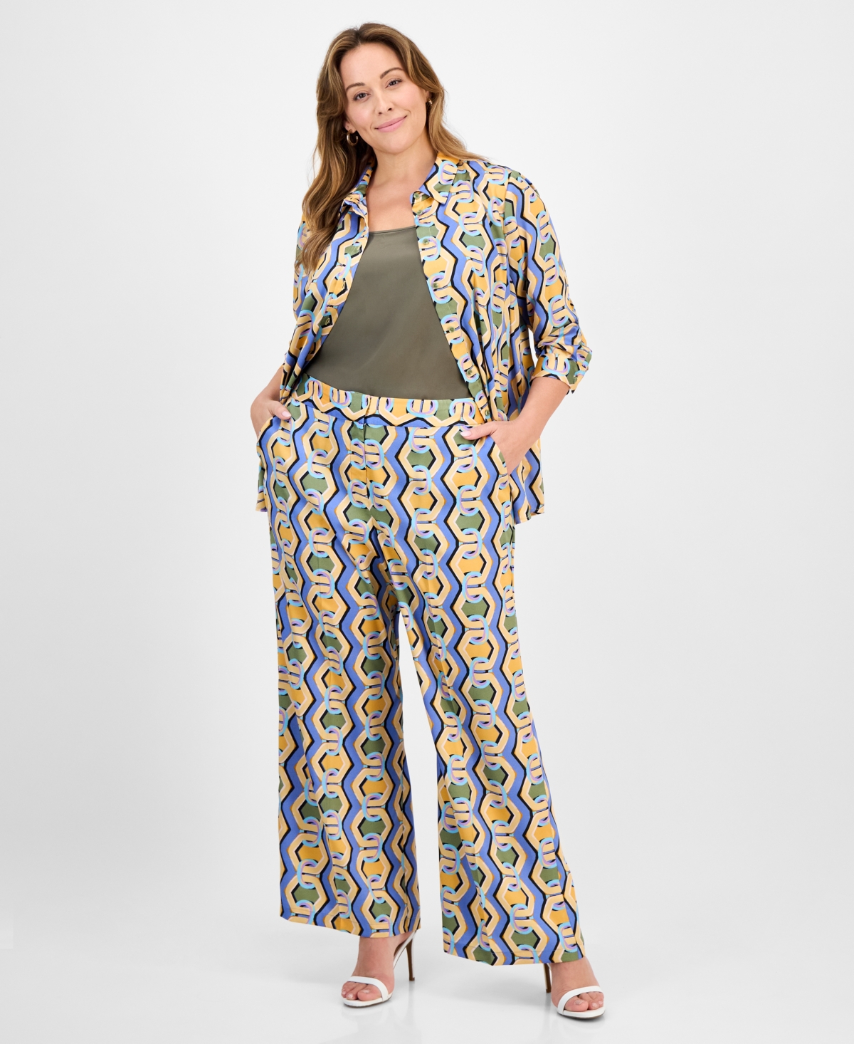 Plus Size Printed Mid Rise Wide-Leg Pants - Blue Chains