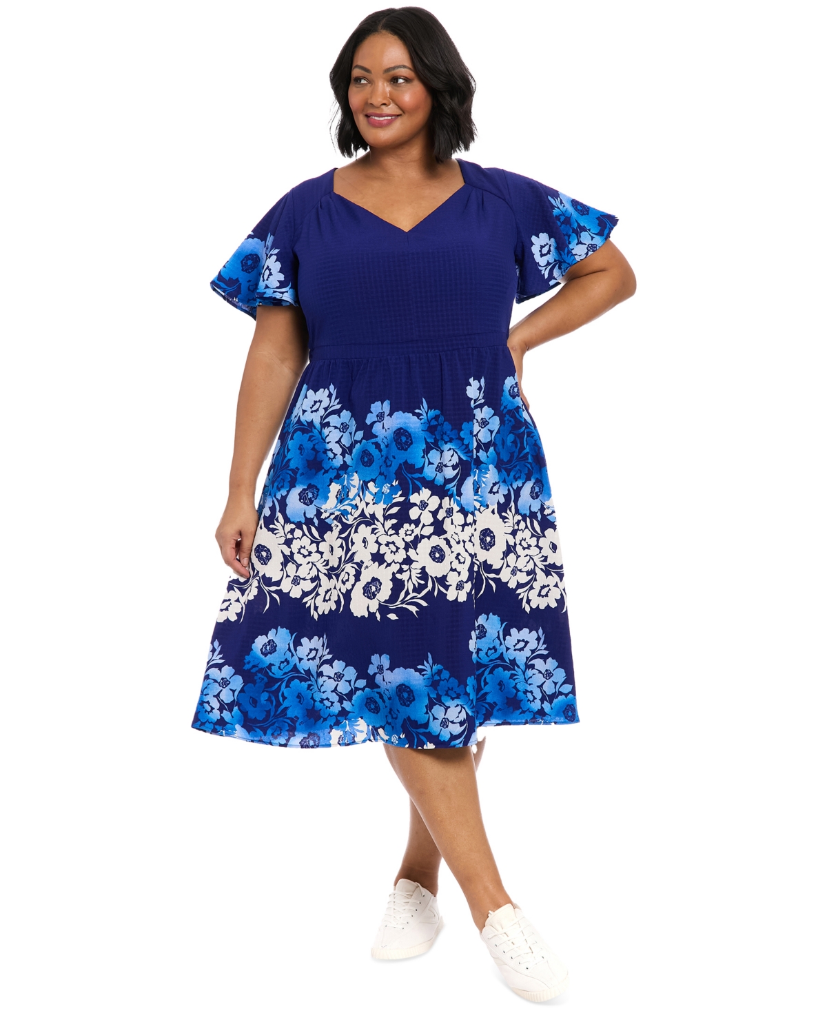 Plus Size Placed-Floral Flutter-Sleeve Dress - Navy Cobalt