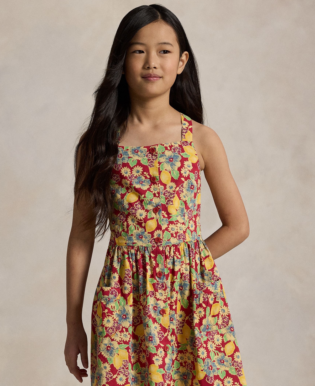 Polo Ralph Lauren Lemon-floral Slub Cotton Dress In Red