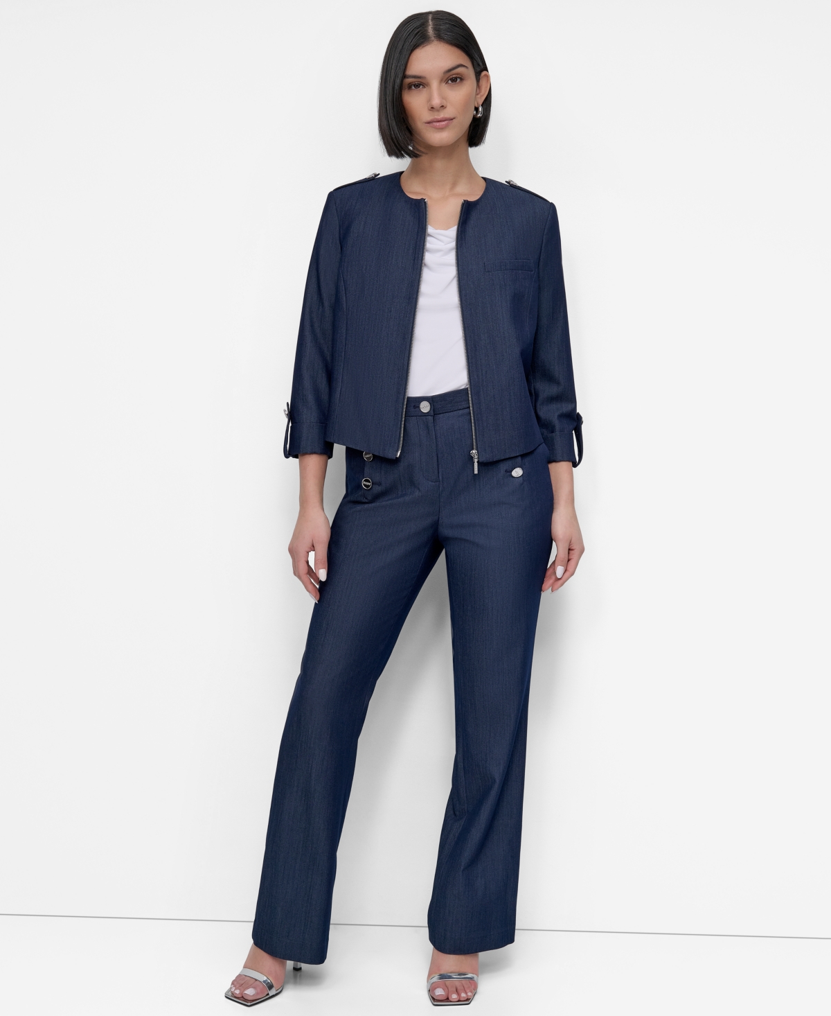 DKNY WOMEN'S ROLL-TAB-SLEEVE ZIP-FRONT JACKET 