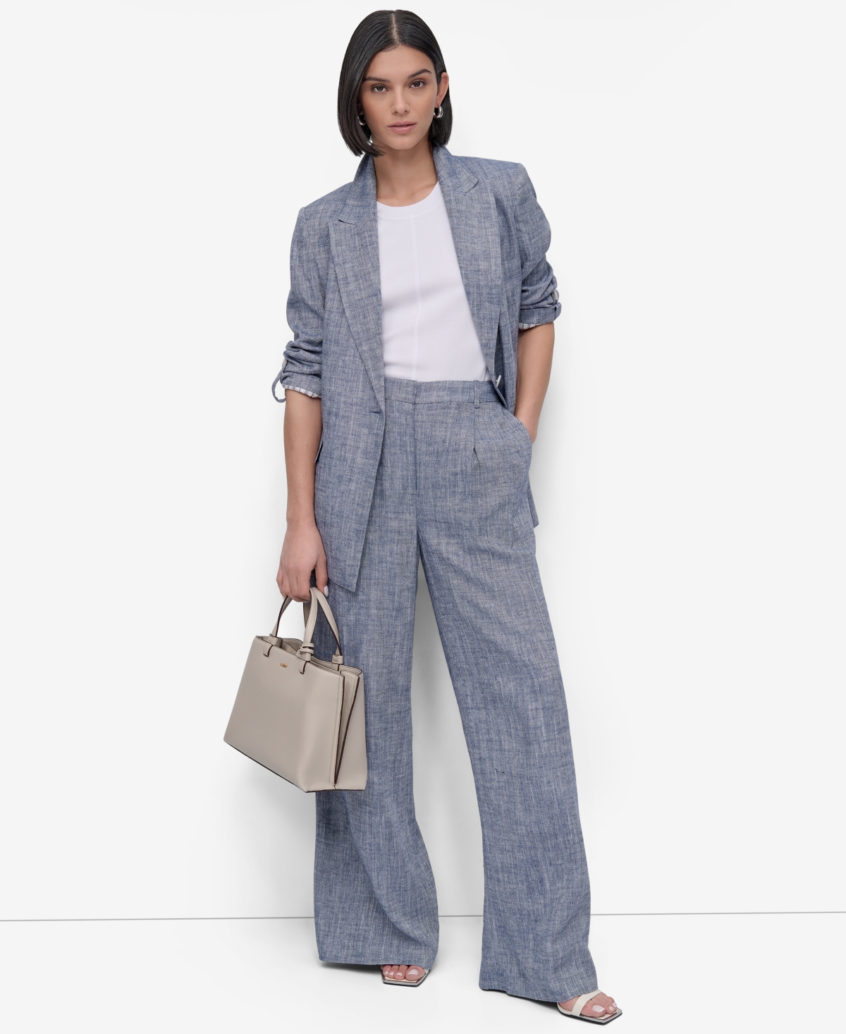 Shop Dkny Women's Linen Blend One-button Blazer In Atlantic Blue,ivory