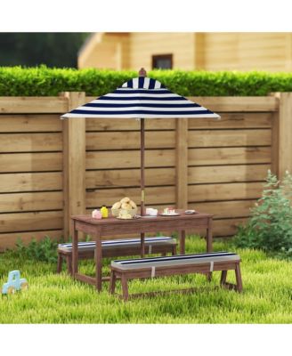 Kids Picnic Table, Wooden Table & Bench Set w Cushions, Umbrella,