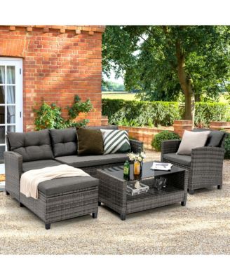 4 Piece Rattan Outdoor Conversation Sectional Sofa Set Patio Furniture Set w/ Cushions