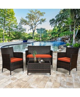 Set of 4 Outdoor Patio Rattan Conversation Furniture Set w/ Cushion Table